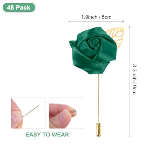 M METERXITY 48-Pack Flower Lapel Pins for Men, Golden Leaf Rose Boutonnieres Pin Groom Boutonnieres for Wedding/Dance/Party, Men Lapel Pins for Suits Satin Flower Corsage [Dark Green] - color: Dark Green