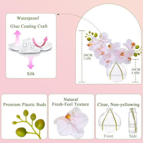 Pink Textured Coated Silk Artificial Orchid Flowers with Clear Glass Vase and Faux Water, 11" Faux Phalaenopsis Orchid Arrangement Centerpiece for Dining Table Bathroom Decor - color: A-pink