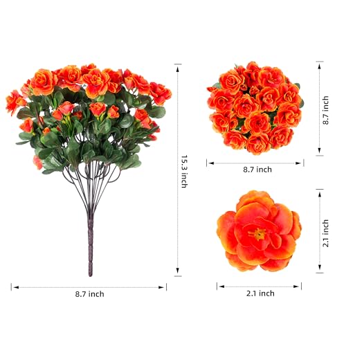 HyeFlora Artificial Faux Outdoor Outside Flowers Plants For Spring Decor, Fake Silk Orange Camellia UV Resistant Look Real for Autumn Planter Front Door Porch Patio Balcony Decoration, 3 Large Bundles - color: Orange