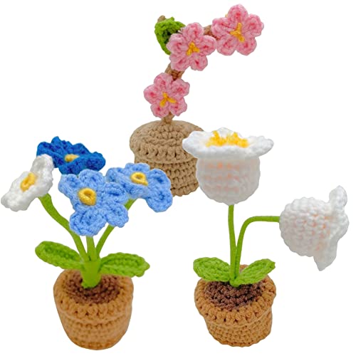 JOONOR 3PCS Mini Crochet Flower Potted Plant,Knitted Forget Me Not Plum Blossom Fake Flower for Bathroom Home Kitchen Rustic Table Centerpiece Shelf Decor - color: Color#5