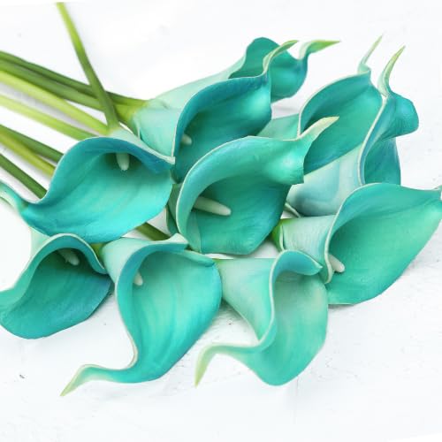 FiveSeasonStuff Cerulean Blue Real Touch Calla Lilies, 15 Artificial PU Flower Stems with Bendable Green Stems, Faux Calla Lily Bouquet for Vase Arrangements - color: Cerulean Blue
