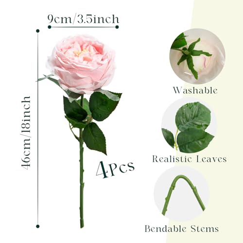 4 Pcs Real Touch Peonies Artificial Flowers, 3.5'' Big Bloom Austin Rose Peony Latex Fake Flower with Stems for Wedding Bouquet Party Valentines Arrangement Home Kitchen (Light Pink) - color: Light Pink