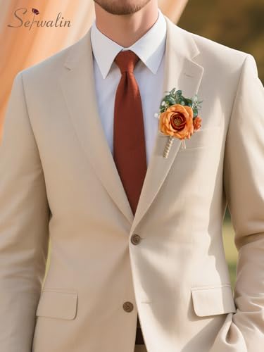 Serwalin 6PCS Orange Rose Boutonniere for Men Wedding Groom Groomsmen Best Man Boutonniere for Wedding Ceremony Anniversary Prom Flowers Formal Dinner Party, Orange - color: Orange, size: Boutonniere 6pcs