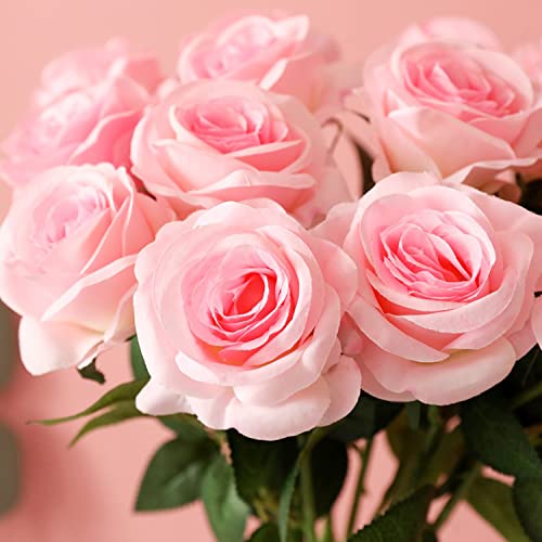 Laelfe 12 PCS Artificial Flowers Roses Fake Silk Flowers Long Stem Artificial Roses for Home Wedding Decorations - color: Light Pink