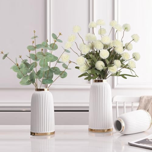 Fake Kiku Flowers,8 Stems Artificial Mum Flower with 3 Branches Eucalyptus Stems White Faux Flowers Silk Pom Pom Balls for Wedding Bouquet Home Office Party Floral Arrangements(White) - color: White