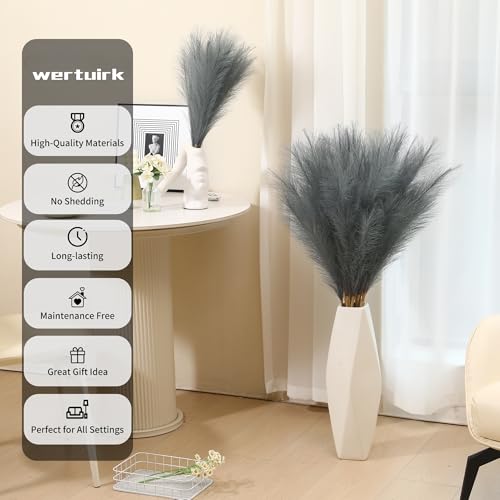 Wertuirk 9 Stems Grey Pampas Grass - 38 Inch Tall Faux Pompous Grass Bulk, Large Artificial Pompas Floral for Vase Filler, Wedding Flower Arrangement and Home Decor (Grey) - color: Grey