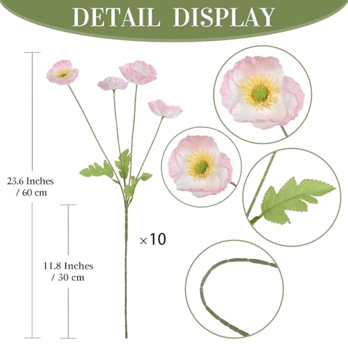 10 Pcs Pink Artificial Poppy Flowers with 40 Heads Lifelike Silk Fake Poppies for Vase Faux Poppies with Stem for Spring Wedding Home Table Centerpiece Baby Shower Veterans Day Decor (Pink) - color: Light Pink