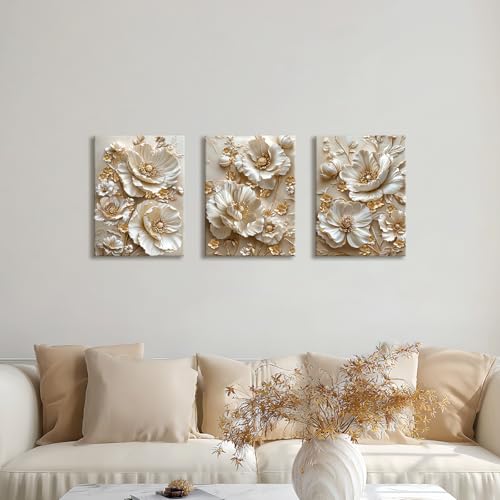3 Pcs Modern Beige Gold Peony Floral Canvas Wall Art, Neutral Elegant 3d Beige Flowers Wall Painting White Blooming Floral Pictures Posters Art Print Home Decor for Bedroom Living Room Office 12"x16"x3 - color: Flower-gold peony, size: 12"x16"x3Pcs