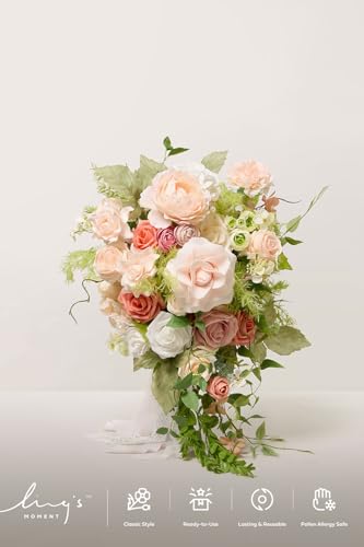 Ling's moment Wedding Artificial Flowers Package, Bridal Bouquet, Bridesmaid Bouquets, Boutonniere for Men, Rose Petals.Peach Smoothie Blush - color: Pk-peach Smoothie & Blush