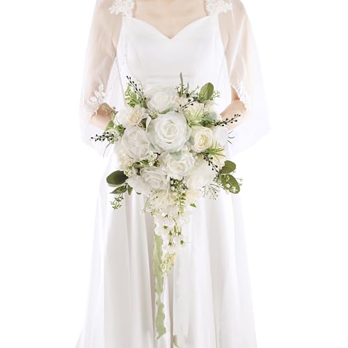 12 Inch Cascade Wedding Bouquets for Bride, Ivory & Champagne Cascading Bridal Bouquet for Wedding Silk Artificial Flowers - color: Ivory & Champagne