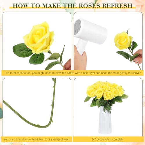 Hotop 20 Pcs Artificial Rose Flowers with Long Stem,Real Lifelike Silk Realistic Plastic Bouquet Roses Bulk for Home Decor Bridal Wedding Party Table Centerpieces Decorations(Yellow) - color: Yellow