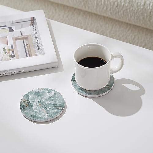 Set of 6 Abstract Marble Coasters with Holder, Absorbent Ceramic Coasters for Drinks, Coasters with Cork Backing for Table Protection, Housewarming Gifts for New Home - color: Abstract Green Marble