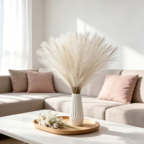 50pcs Ivory Pampas Grass 21.6 Inch Non-Shedding Faux Pampas for Vibrant Warm Home, Boho Weddings and Terracotta Tone Vase Arrangements - color: Ivory