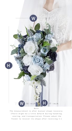 10 Inch Dusty Blue Wedding Bouquets for Bride Artificial Roses Flower Cascading Cascade Bridal Bouquet for Rustic Boho Fall Vintage Wedding Ceremony Party and Anniversary - color: Dusty Blue
