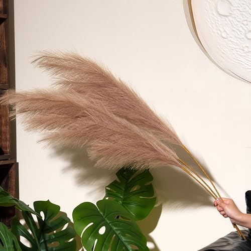 Premium Faux Khaki Pampas Grass – 43.3" Tall Fluffy Earth-Toned Decor, 8pcs 18-Branch One-Piece Stems No Assembly, Luxury Silk Feather Flowers for Boho Military Green Decor,Olive Beige 8 Stems110cm - color: Faux Khaki, size: 8pcs 43.3"(110cm)