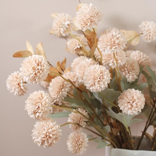 Artificial Flowers for Vase - Beige Silk Mums 10 Long Stems with Eucalyptus, Faux Flowers Home Decor, Neutral Tan Cream Floral Arrangement, Fake Chrysanthemum Pom Pom Stems, Summer Fall Centerpiece - color: Beige