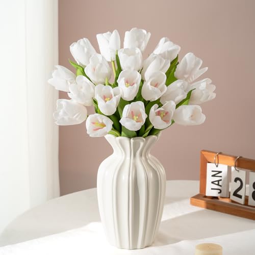 Artificial Tulips - 20 Stems Real Touch Realistic Fake Tulip Flowers, Premium Silk Feel, UV-Resistant, Anti-Fade, Waterproof Lifelike Faux Tulips for Home Decor, Wedding, Party, DIY (White) - color: White