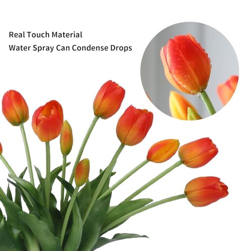 15 Pcs Orange Artificial Tulips Fake Flowers, Premium Latex Lifelike Texture, UV Resistant Waterproof Faux Tulip Bouquets with Snap-on Petals for Outdoor, Home, Wedding Decor - color: Orange