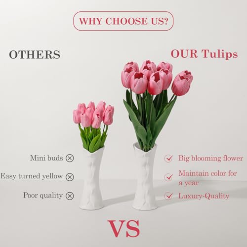 Pink Fake Tulips,18.5" PU Artificial Tulips Flowers for Spring Easter Home Kitchen Wedding Bouquet Bulk Mother's Gift Day Decorations - color: Pink