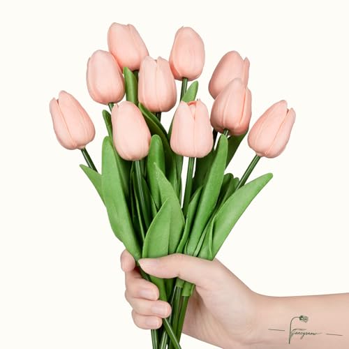 10Pcs Light Pink Tulips Artificial Flowers Real Touch Faux Tulips PU Fake Flowers for Home Decor - Easter Spring Table Arrangement in Vase (Bedroom, Living Room, Kitchen) - color: Light Pink-10