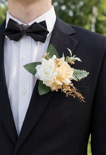 Champagne Corsage and Boutonniere Set for Wedding Prom, Artificial Rose Flower Wrist Bracelets, Homecoming Corsage Wristlet, Boutonniere for Men Wedding Suit Decorations - color: Champagne