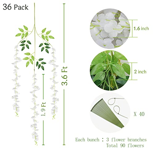 BLEUM CADE 36Pcs White Fake Wisteria Hanging Flowers, 3.6Ft/Pcs Artificial Wisteria Garland, Hanging Flowers for Wedding Party Home Backdrop Wall Decoration - color: White, size: 36pcs