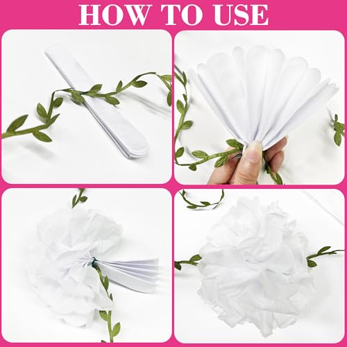 Hot Pink White Party Decorations Ombre Pink White Tissue Paper Flowers Pom Pom Leaf Ribbon Hanging Streamer Garland for Women Girls Birthday Bachelorette Baby Shower Wedding Flamingo Party Supplies - color: Hot Pink
