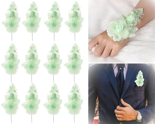 Set of 12 Artificial Silk Organza Craft Rose Flower, 12 Corsage Wristlet, 12 Pin Back DIY Boutonnieres for Wedding, Bridesmaids, Groomsmen, Quinceanera, Prom, Sweet 16 (Mint Green) - color: Mint Green
