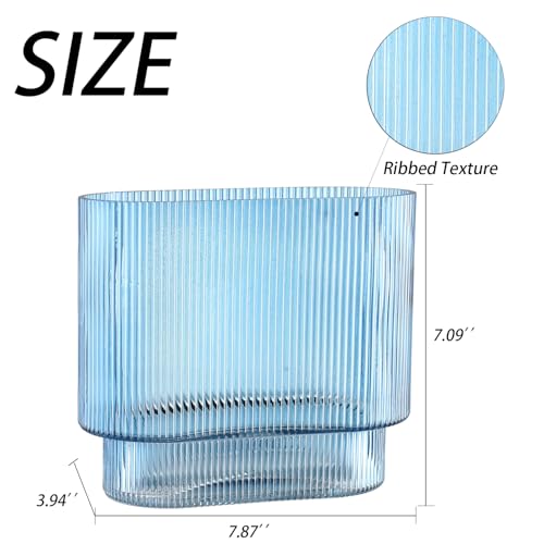Ribbed Glass Vase, Blue Glass Vase, Fluted Short Vases for Flowers, Modern Vases for Living Room, Dining Room, Bathroom, Desk, Shelf, Wedding, Office, 7 Inches - color: Blue, size: Oval 7 Inches