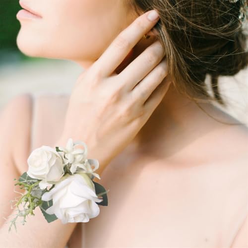 White Rose Corsage and Boutonniere Set for Wedding Party Homecoming Prom Artificial Flower Boutonniere for Best Men Groomsmen Groom Wrist Corsage for Girl Mother Bride Bridesmaid - color: White Corsage and Boutonniere