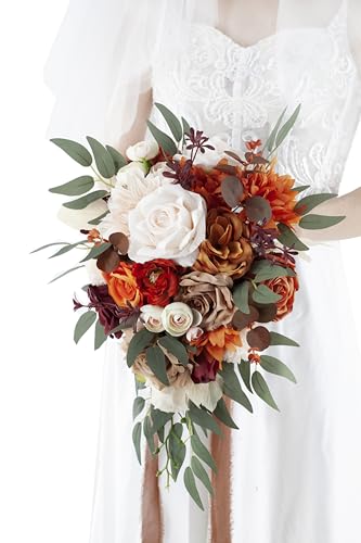 10 Inch Terracotta Wedding Bouquets for Bride Artificial Roses Flower Cascading Cascade Bridal Bouquet for Rustic Boho Fall Vintage Wedding Ceremony Party and Anniversary - color: Terracotta