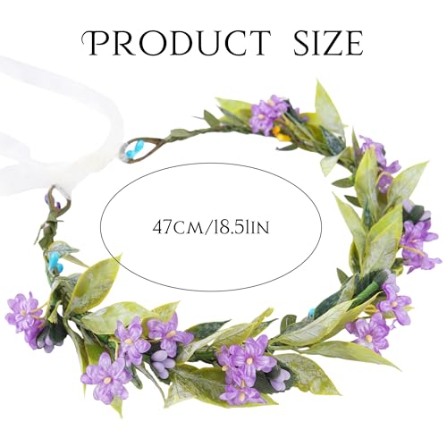 Fairy Flower Crown Headband, Artificial Purple Floral Green Leaf Headpiece, Boho Bridal Flower Headbands for Women Girls Renaissance Cosplay Wedding Birthday Party Hair Accessories - color: Bohemian Purple