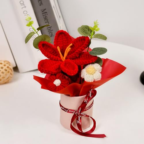 Handmade Crochet Tulip Flowers Bouquet, Knitted Tulip Bouquet Pot for Mother's Day Birthday Wedding Christmas, DIY Décor for Car Office Desk & Home Décor, Perfect for Mom Wife Girlfriend Lover (Red) - color: Red
