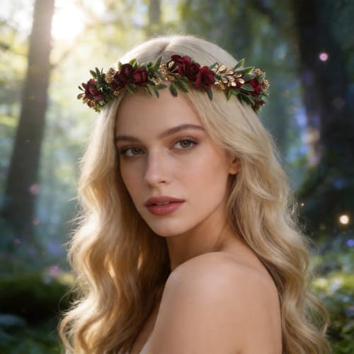 Red Rose Flower Headband, Artificial Fairy Elf Flower Crown, Forest Woodland Floral Headpiece for Women Maternity Wedding Renaissance Festival Cosplay Party Hair Accessories - color: Red