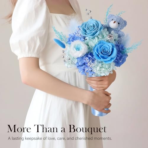 Preserved Flowers Bouquet with Bear, Real Forever Flowers for Delivery, Long-Lasting Blue Eteranl Roses Bouquet, Anniversary Birthday Gifts for Women Mom Her Girlfriend Wife - color: Blue