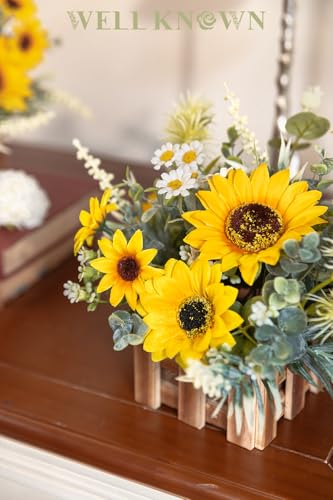 WELL KNOWN Artificial Sunflower Plants in Wooden Baskets, Faux Sunflower and Mini Wild Flowers Arrangement in Planter for Home Hotel Office Table Centerpieces & Gift (Set of 2) - color: Sunflowers