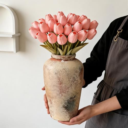 Ceramic Flower Vase, 10.6" Tall Rustic Farmhouse Vase, Decorative Pottery Vase with Glazed Interior for Fresh Flowers, Olive Branches, Mantel, Entryway and Dining Room Decor - color: Rustic-6.3"l X 6.3"w X 10.6"h
