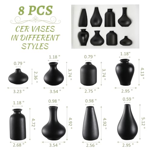 Small Black Vases Set of 8 - Mini Ceramic Bud Vases for Flowers, Pampas Grass, Rustic and Modern Home Decor, Perfect for Living Room, Table Centerpieces, Black Vases Home Decor, Bathroom Decor - color: Black-set of 8