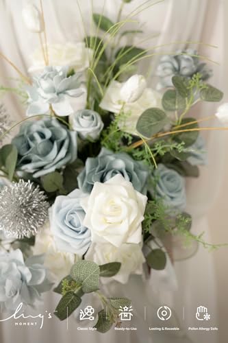 Ling's moment Fake Flowers Box, Faux Artificial Greenery Stems Foam Roses Gardenia Silk Eucalyptus Fabic Flower for Centerpieces Bouquet Wedding Vase Decorations, Dusty Blue & White, Grand Combo - color: Blu-dusty Blue & White, size: Grand