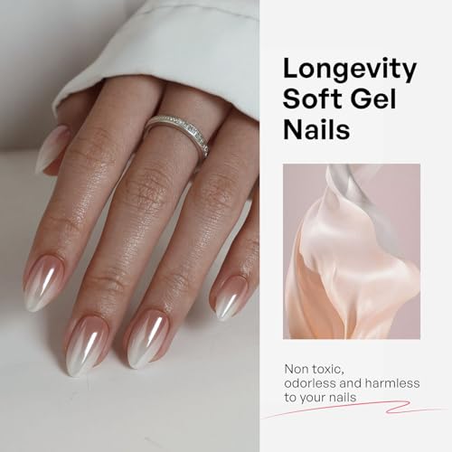 32Pcs Soft Gel Press on Nails for Women, Ombre Chrome, Short Almond | Glazed Donut Aurora False Fake Nails Press Ons for Office Daily Wear, Salon Quality Reusable Glue & Stick on Nail Gift Kit - color: 2E-Ombre Chrome