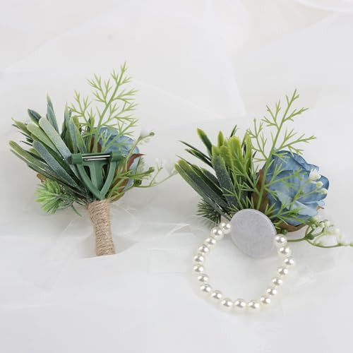 Alizeal 2Pcs of Wrist Corsage and Boutonniere Set, Artificial Flowers Accessories Suit Decor for Wedding Prom Party Homecoming Ceremony, Light Blue - color: Light Blue