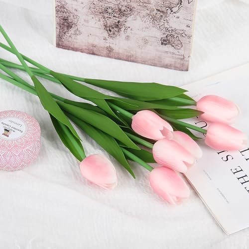 Artificial Tulips Flowers Fake Latex Tulip Stems - 30pcs Real Touch Faux Multicolor Tulips Flower for Easter Spring Wedding Bouquet Centerpiece Floral Arrangement Cemetery Table Decor - color: Pink 01
