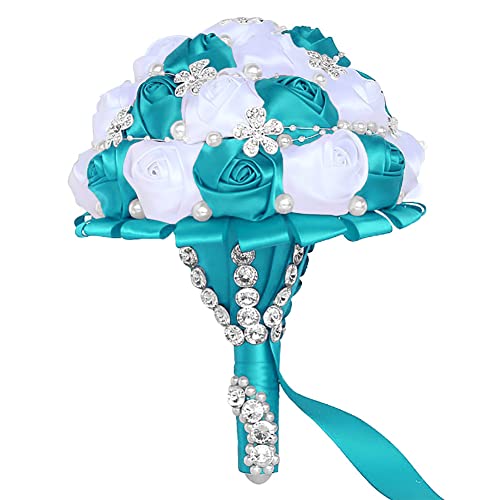 Sharebeauty 9.4 Inch Handmade Satin Rose Bridal Bouquet Toss Round Wedding Bouquet Throw Toss Artificial Flower Bunch Teal Blue + White - color: W224 G/Teal Blue/White, size: 9.4"/24cm