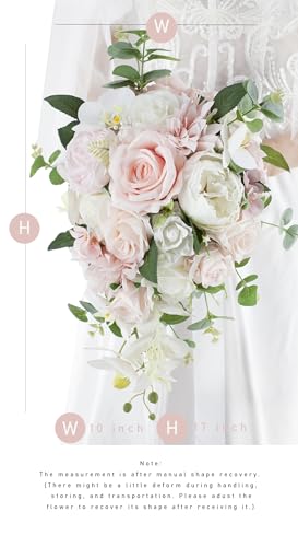 10 Inch Blush Wedding Bouquets for Bride Artificial Roses Flower Cascading Cascade Bridal Bouquet for Rustic Boho Fall Vintage Wedding Ceremony Party and Anniversary - color: Blush