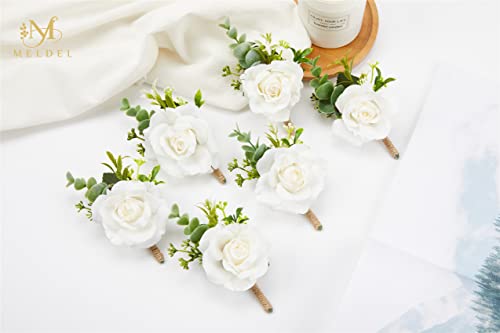 Ivory Rose Boutonniere for Men,Set of 6,Groom and Best Man Boutonnieres with Artificial Flower,for Wedding Ceremony Anniversary, Formal Dinner Party, Fall Vintage Rustic Marriage Prom - color: White#2 Boutonniere ( Set of 6)