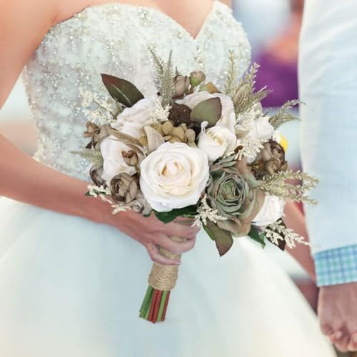 MOJUN Wedding Bouquet for Bride, Artificial Hand Made Rose Flower for Bridal Bridesmaids Romantic Wedding Bouquet for Wedding Valentine's Day Party Home Tables Decorations, Creamy - color: Cream Khaki Bouquet