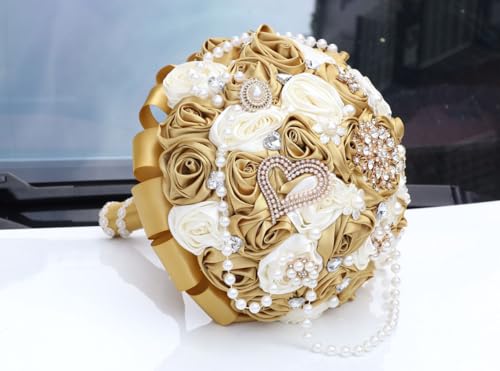 Ivory and Gold Bridal Wedding Bouquet with Rhinestone Brooch Pearl String Cascade Bouquet for Bride Bridesmaid Quinceanera Satin Rose Flower Bouquet Wedding Gold and Ivory 6.3in - color: Gold & Ivory (#2), size: Small (DIA. 6.3"/16cm)