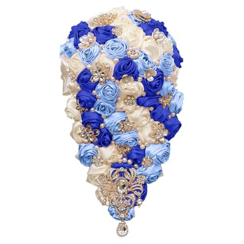 Handmade Satin Rose Water Drop Bridal Bouquet,8.7inch Crystal Wedding Round Tossing Bouquet,Jewelry Proposal Bridesmaid Bouquet Groom Corsage Bride Wrist Flower ivory (07#Ivory Sapphire LightBlue) - color: 07#ivory Sapphire Lightblue