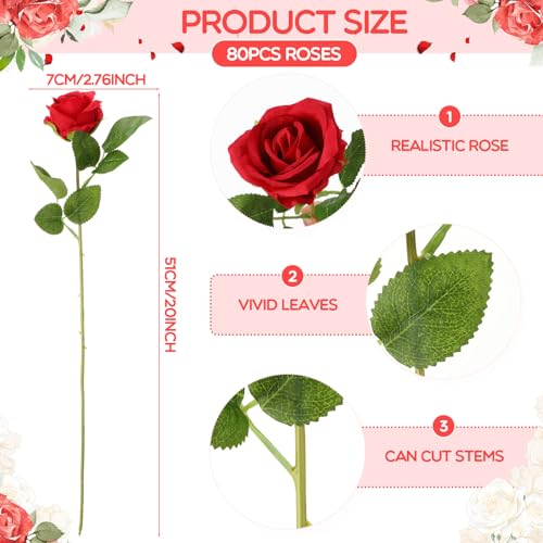 Hotop 80 Pcs Rose Artificial Flowers Bulk with Long Stem, Silk Roses Realistic Fake Flowers Bouquet for Wedding Table Centerpieces Bridal Shower Party Home Decorations(Red) - color: Red