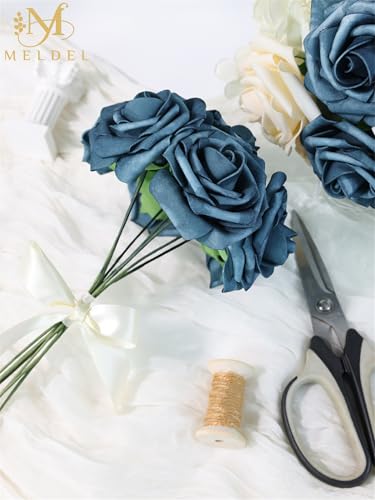 Artificial Flowers 50 Pack Dutch Blue Faux Foam Roses with Stems, Real Looking Fake Rose for DIY Wedding Bouquets, Bridal Shower Centerpieces, Party Table Decorations, Home Decor - color: Dutch Blue & Dusty Blue, size: 50Pcs